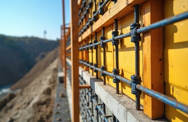Naklejka premium Reinforced concrete wall formwork is prepared for concrete pour. Construction site landscape shows ongoing building project. Supports ensure structural integrity against terrain.
