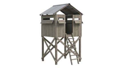 Wooden elevated hunting stand with ladder and overhang roof on transparent background