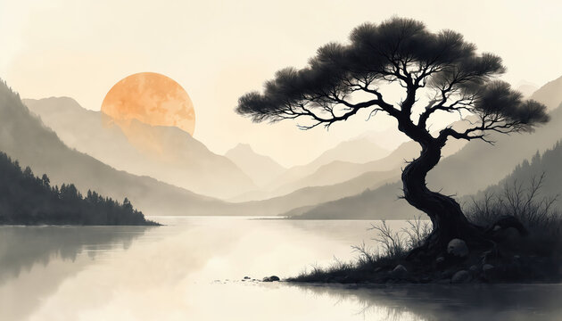 Illustration of serene lake view with one tree on foreground. Mountains and large sun reflecting in water. Calm nature landscape artwork for poster backdrop or Japanese Zen style design print art.