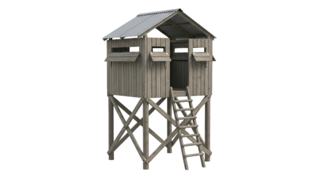 Wooden elevated hunting stand with ladder and overhang roof on transparent background