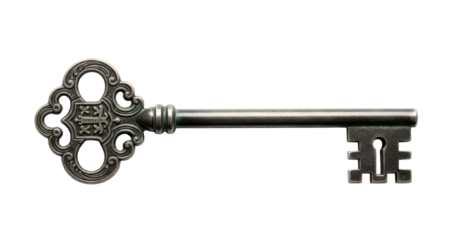 Antique ornate metal skeleton key with intricate design on transparent background