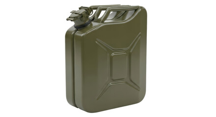 Olive green metal jerry can with handle and spout on transparent background