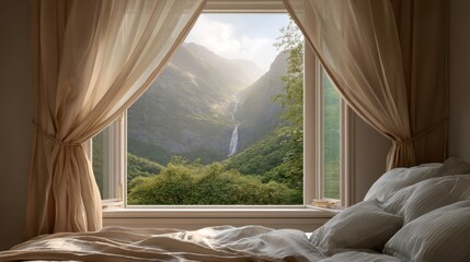 Cozy bedroom with open window, thin curtains flowing, outside exotic mountain view with waterfalls, soft morning light