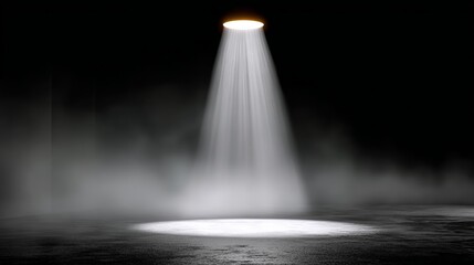 Dramatic spotlight illuminating a circular area on a dark stage, surrounded by mist and shadows, creating an atmospheric and mysterious ambiance for theatrical performances or artistic presentations