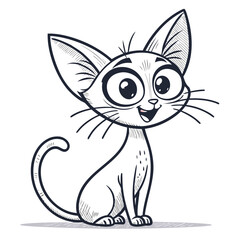 Cartoon cat with exaggerated features smiling and sitting on a white background  