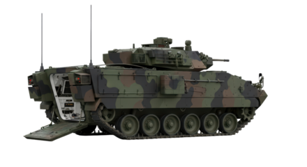 Camouflage armored military vehicle with open hatch