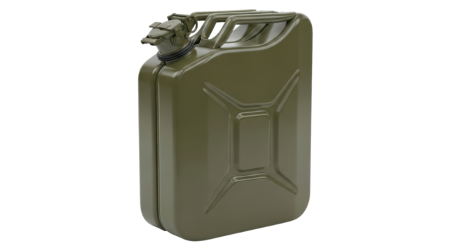 Olive green metal jerry can with handle and spout on transparent background