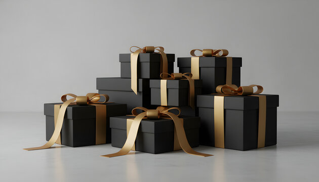 Stack of elegant black gift boxes with golden ribbons for Black Friday promotion, marketing template or holiday design