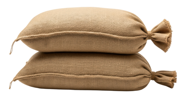Two burlap sacks with tied ends and a transparent background