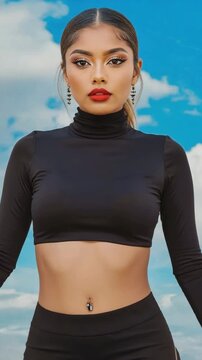 Vertical Close-up Portrait of Woman with Nose Piercing and Belly Button Ring Posing Outdoors, 4K video