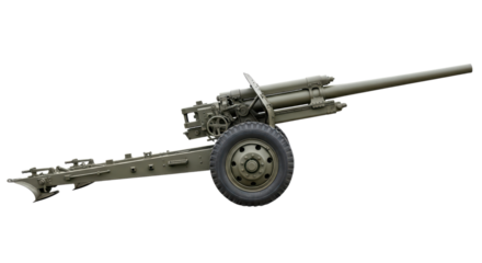 Vintage military artillery cannon with large wheels on transparent background