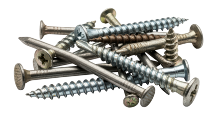 Assorted metal screws and nails on transparent background