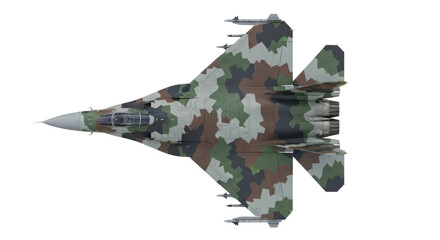 Top view of camouflaged military jet with missiles on transparent background