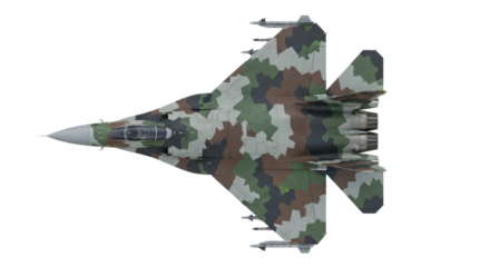 Top view of camouflaged military jet with missiles on transparent background