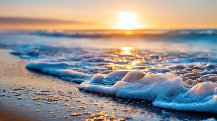 Gentle ocean waves glowing under golden sunset light, endless horizon of peace and calmness