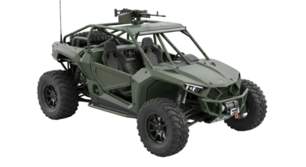 Military green off-road dune buggy with mounted gun on transparent background