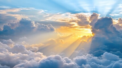 Golden sunlight breaking through white clouds, symbol of hope, renewal and peace