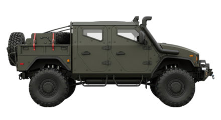 Army green tactical military vehicle with rugged tires and equipment