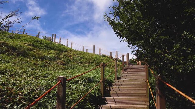 Hallasan National Park, Jeju island, South Korea, vibrant view of trail with a wooden ladder path stairs, trekking and climbing, stairway to Halla mountain summit, hiking in Korea, Jeju-do, sunny day