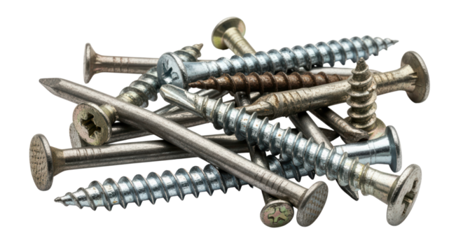 Assorted metal screws and nails on transparent background