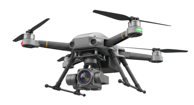 Advanced quadcopter drone with camera and led lights on transparent background