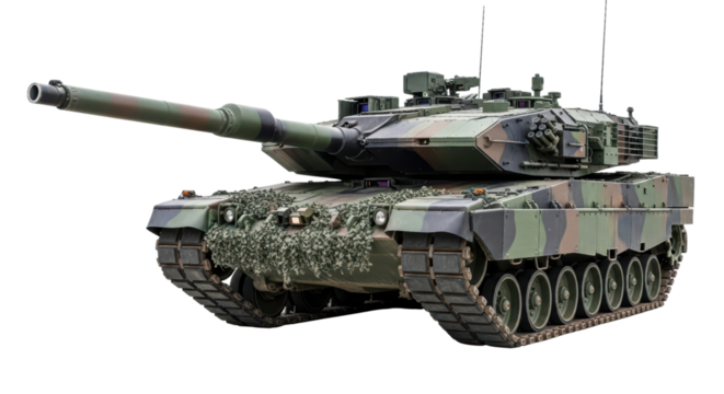 Camouflage military tank with large cannon and antenna on transparent background