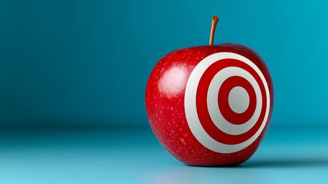 Red apple with target symbol on its surface, set against a vibrant blue background, representing concepts of focus, goals, and marketing strategies in a visually striking manner
