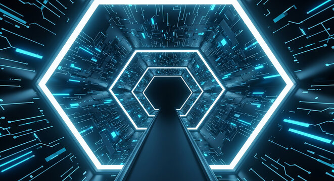 Fototapeta Futuristic technology background with glowing neon hexagon tunnel and circuit board patterns. Perfect for sci-fi designs, tech presentations, and modern digital art.