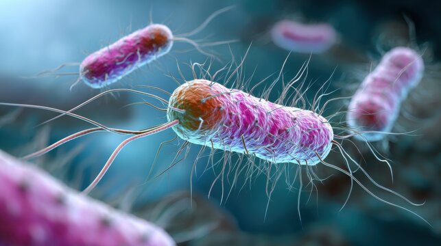 High detail microscopic view of E.coli bacteria with flagella, realistic microbiology visualization