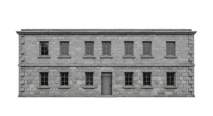 Stone brick building with symmetrical windows and central door on transparent background