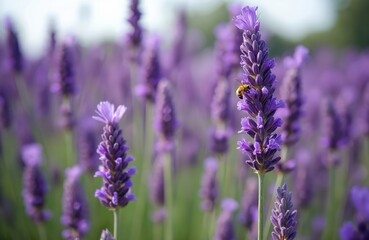 Purple lavender field with green stems and foliage. A bee collects nectar from a flower. Soft light bathes the scene. Peaceful nature background.