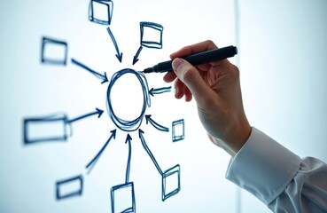 Hand sketching a business plan concept on a whiteboard. A person is drawing a diagram with a black marker. Idea generation and problem solving at a strategy meeting.