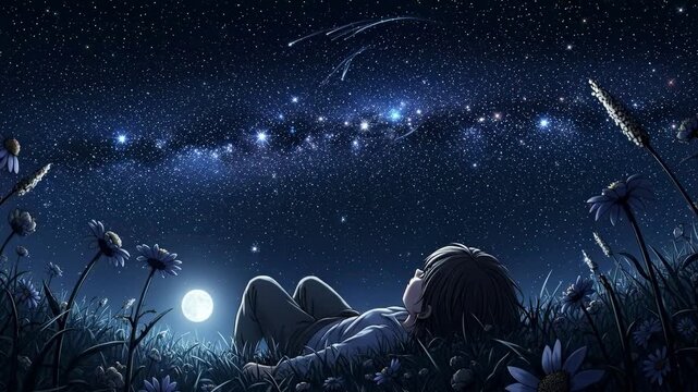 Dreamy night scene with person gazing at the stars and moon from field of flowers