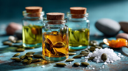 A jar filled with a golden liquid and pumpkin seeds floating in it, surrounded by other jars of similar liquids and various objects like stones and salt on a blue surface