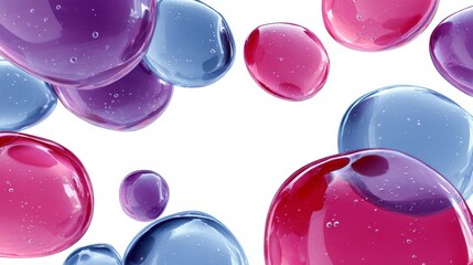 Colorful abstract illustration of translucent bubbles in shades of purple, pink, and blue, floating against a clean white background, creating a vibrant and dynamic visual experience for design projec