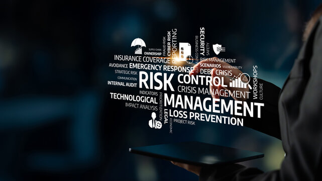 Visual representation of risk management concepts highlighting strategies, control methods, and crisis response measures for effective decision making in organizations. Tessel