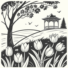 Vector illustration of a vibrant spring floral landscape with trees, perfect for a nature-themed card or decoration