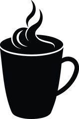 Simple black silhouette of a steaming cup of coffee or hot chocolate with whipped cream