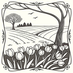 Vector illustration of a rural country landscape with a black silhouette tree, leaves, and a floral spring pattern design