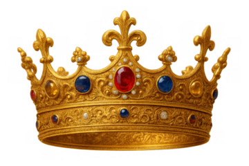 Golden crown with jewels, symbolizing royalty, power, success, and monarchy on a transparent background