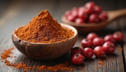 Guarana powder and berries arranged on rustic wood surface. Natural energy booster ingredient for drinks. Healthy lifestyle and wellness product.