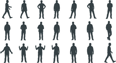 Silhouette people poses, walking standing gestures, human body language, casual stances, vector posture study, black figures, flat vector illustration