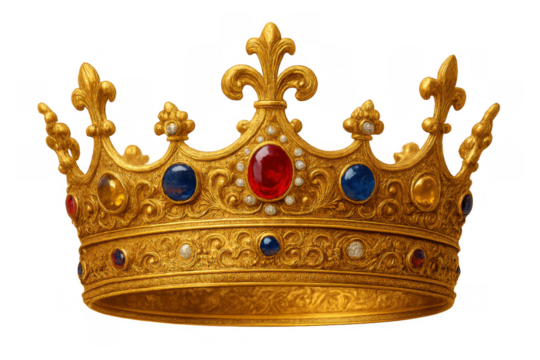 Golden crown with jewels, symbolizing royalty, power, success, and monarchy on a transparent background