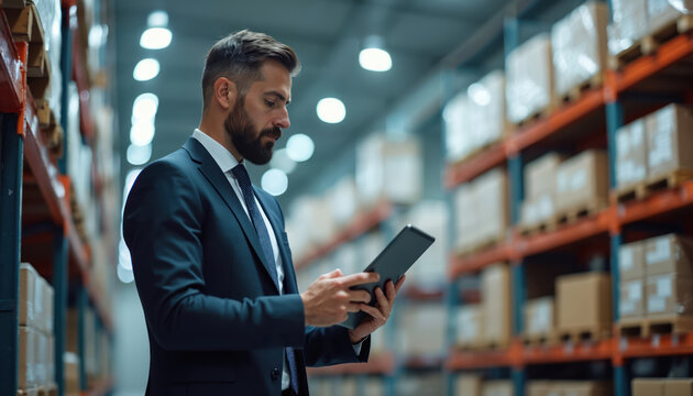 Man in suit checks tablet data in warehouse storage aisle. Boxes on shelves, inventory count, workflow, supply chain analysis, operations management.