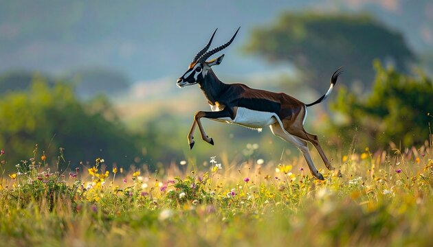 Elegant Blackbuck of India Leaping in Rajasthan Grassland at Dawn