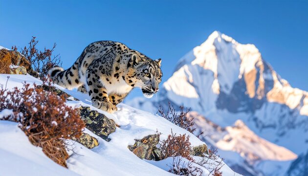 Majestic Snow Leopard of Nepal Scaling Himalayan Slope at Dawn
