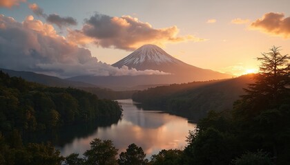 Scenic sunset at lake. Snow covered mountain peak reflects in calm water. Evergreen forest around river bank. Evening sun rays through clouds in travel tourism location.