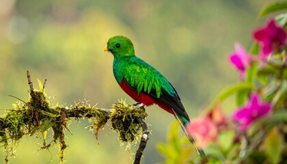 Fototapeta premium Noble Quetzal of Guatemala Perched in Cloud Forest at Dawn