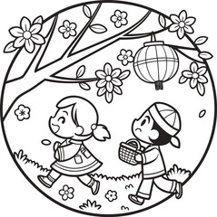 Cartoon vector illustration of a boy and a girl, children playing with a ball in the snow