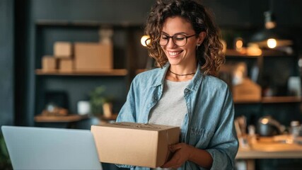Smiling woman with curly hair holding a package while looking at a laptop screen, showcasing excitement and engagement, camera zooms in on her joyful expression - Powered by Adobe